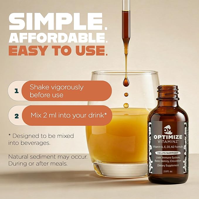 Optimize Vitaminz Liquid Vitamin D3 K2 Drops with Dandelion Root &amp Bilberry | Immune Liver &amp Bone Support MK-7 Formula Fast Absorption Liquid Multivitamin 30 Day Supply 2 Fl Oz