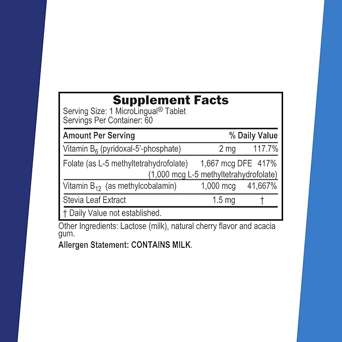 Superior Source No Shot Vitamin B-12 Methylcobalamin 1000 mcg B-6 &amp Methylfolate 1000 mcg - Supports Energy Brain and Heart Health - Bariatric Friendly - 60 Sublingual Dissolving Tablets