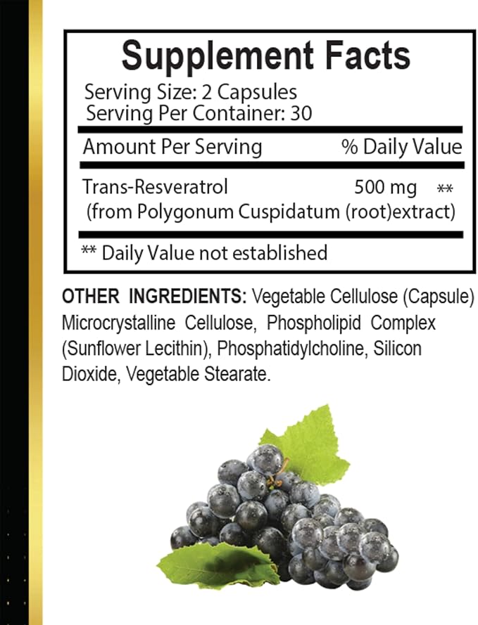 Trans Resveratrol 500mg – Energy and Focus Supplements Antioxidants with Immune boosters Gluten-Free Clean &amp Simple Daily Supplement – 2 Bottles 120 Capsules