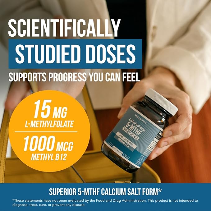 L Methyl Folate 15mg Plus Methyl B12 Cofactor – High Potency Active 5-MTHF Form - Supports Mood Methylation Cognition – Bioactive Forms of Vitamin B9 &amp B12 (60 Capsules – 60 Servings)