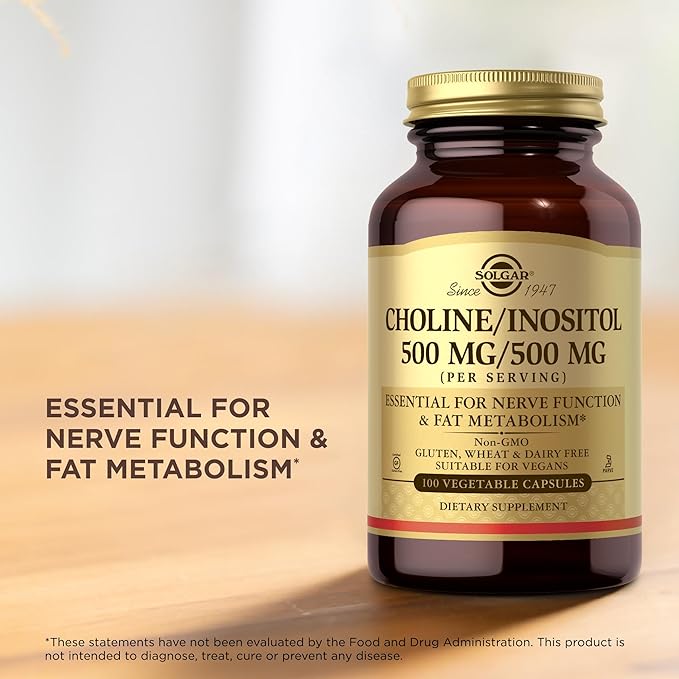 Solgar Choline/Inositol 500 mg/500 mg 100 Vegetable Capsules (Pack of 2) - Energy Metabolism Liver Health Essential for Brain &amp Nerve Function - Non-GMO Vegan Kosher - 100 Total Servings