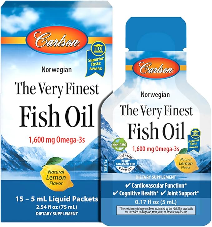 Carlson - The Very Finest Fish Oil Grab + Go Packets Single-Serving 1600 mg Omega-3s Norwegian Wild Caught Sustainably Sourced Box of 15 Packets 5 mL Each