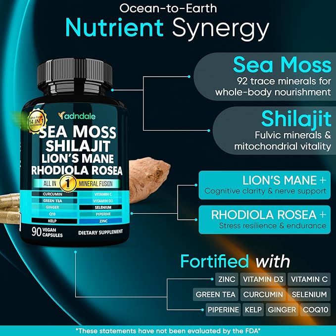 Adndale SeaMoss Shilajit Combo - Sea Moss and Shilajit Bundle with Lion's Mane CoQ10 Rhodiola Rosea Capsules - 90 Count