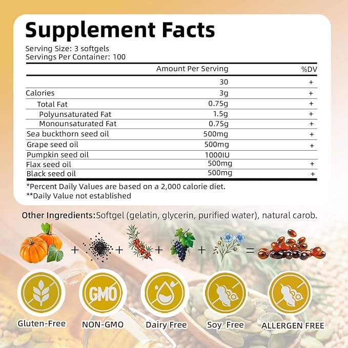 Five Seeds Supreme Oil 300 Softgels | 5 in 1 Pumpkin Seed Oil Pure Sea Buckthorn Grape Flax Black Seeds | Cold Pressed Supports Hair Urinary Bladder &amp Prostate Health