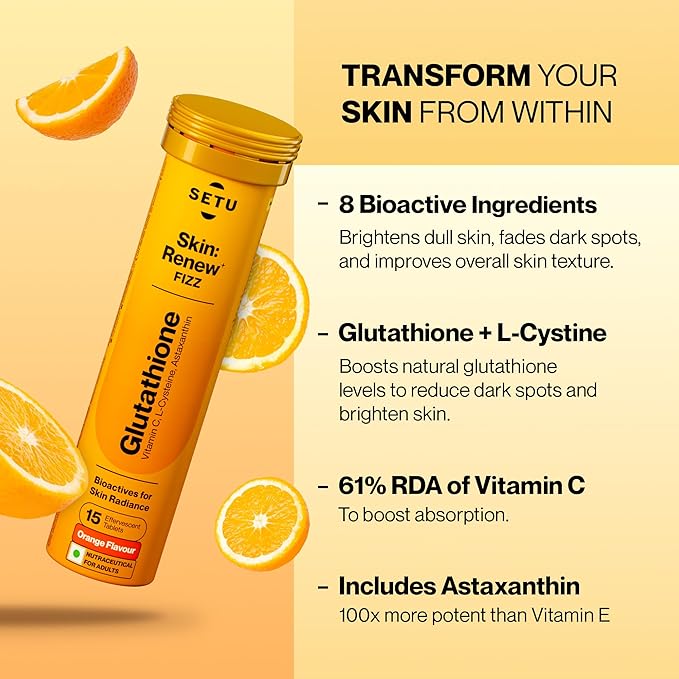SETU Glutathione Effervescent Tablets with 500mg L-Glutathione &amp Vitamin C | Sugar-Free Antioxidant Supplement | Orange (Pack of 6)