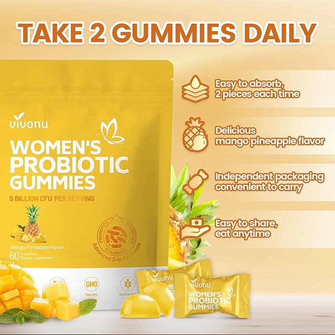 VivoNu Vaginal Probiotics for Women Feminine Balance pH Gummies for Healthy Odor Yeast Balance &amp Flora + Vitamin C for Immune Support(60 Cranberry +60 Pineapple Gummies)