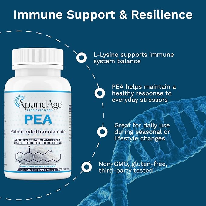 Palmitoylethanolamide(micronized Pea) with LuteolinNadhRutin and Lysine for ImmunityNervous* System* Support and Overall Wellness.60 Vegetable Capsules Made in USA.