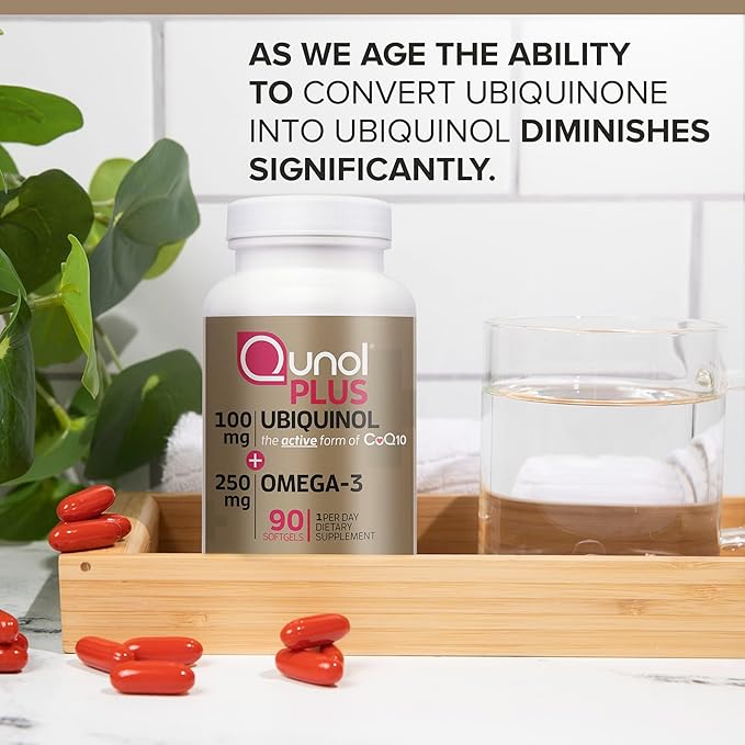 Qunol Plus Ubiquinol CoQ10 100mg with Omega 3 Fish Oil 250mg Extra Strength Antioxidant Supplement 90 Count