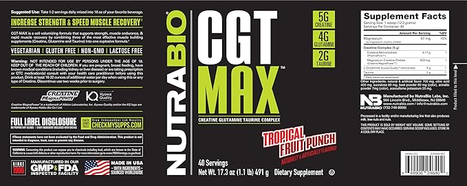 NutraBio CGT-MAX Powder- Creatine Glutamine and Taurine to Support Muscle Recovery and Strength - 40 Servings - Tropical Fruit Punch…