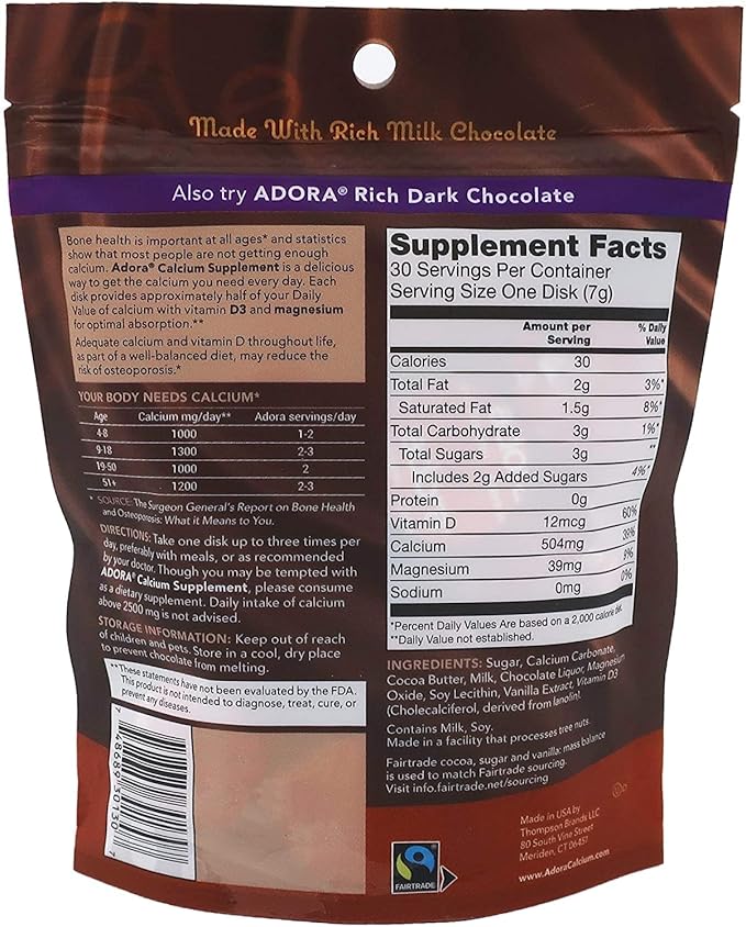 Adora 500 Milligram Calcium Supplement Disk Organic Milk Chocolate 30 Count (12 Pack)
