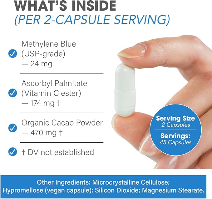 Methylene Blue Capsules 24mg - 99.99% Pharmaceutical Grade Purity - 90 Count - with Vitamin C Ester &amp Organic Cacao for Maximum Absorption - Nootropic Brain Supplement - Vegan Non-GMO Made in US