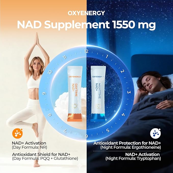 OxyEnergy NAD Supplement 1550 mg-Daytime Nicotinamide Riboside + Nighttime L-Tryptophan with Resveratrol Glutathione PQQ 24-Hour Nonstop Energy Anti-Aging &amp Cellular Renewal 28 Packets