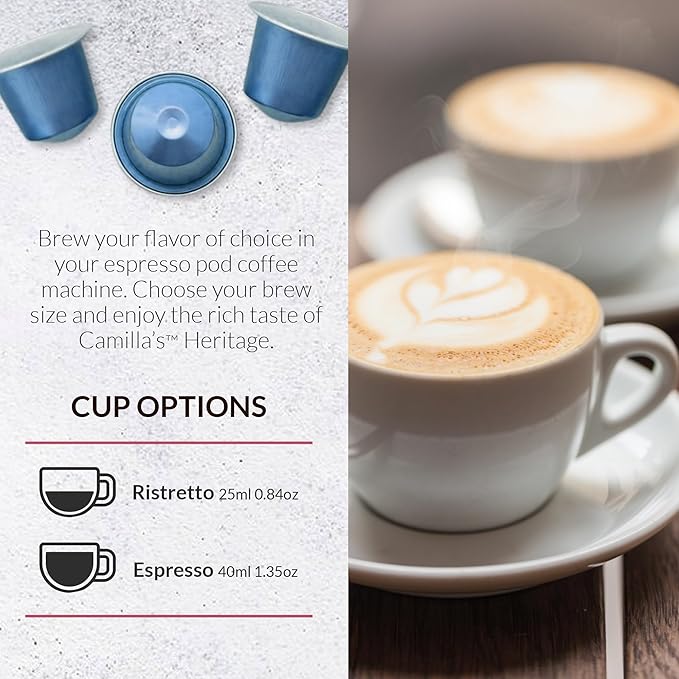Camilla’s Heritage - Intensity 8 Vanilla Flavored Espresso Coffee Gourmet Espresso Cups 60 Coffee Pods