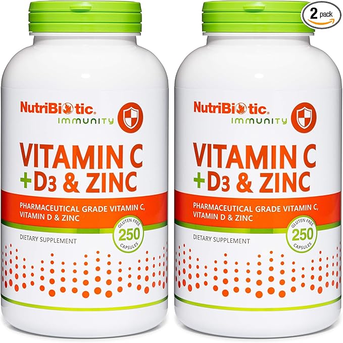 NutriBiotic – Vitamin C + Vitamin D3 &amp Zinc 250 Capsules | Potent Comprehensive Immune Support | Essential &amp Antioxidant Daily Supplement | Gluten &amp GMO Free (Pack of 2)