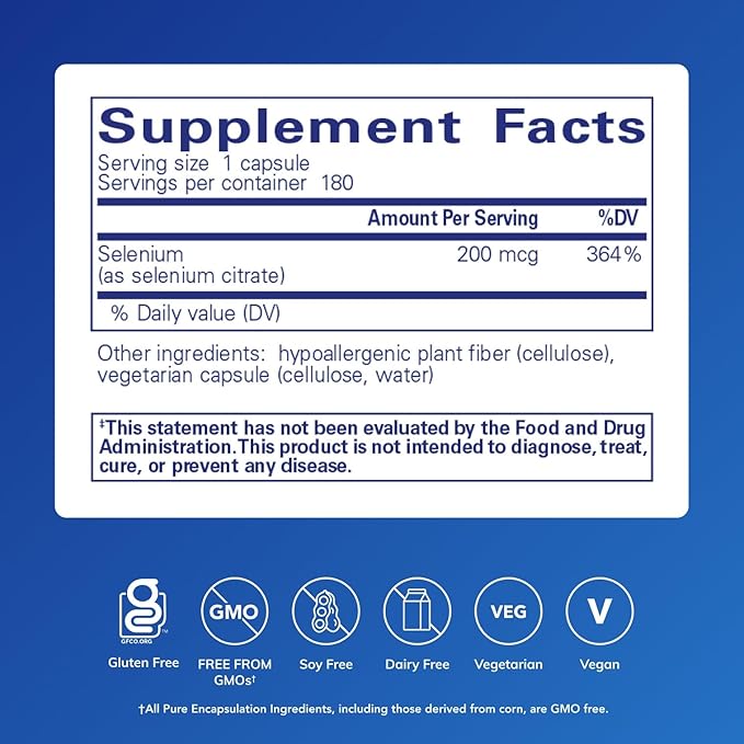 Pure Encapsulations Selenium (Citrate) - for Immune System Support &amp Cellular Health - Antioxidant Supplement - Supports Blood Flow* - Gluten Free &amp Vegan - 180 Capsules