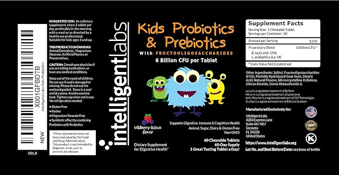 Intelligent Labs Kids/Children Probiotics 6 Billion CFU with Prebiotics PHGG &amp FOS Once-Daily Chewable Great Taste 10x Effectiveness 60-Day Supply Third-Party Verified