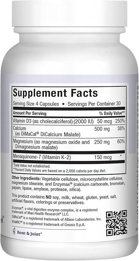 Maxi Health Men and Women 500 mg Calcium Supplement with Vitamin D3 (2000 IU) Magnesium (250 mg) and Vitamin K2 (150 mcg) - Bone Teeth and Joint Support - 120 Capsules