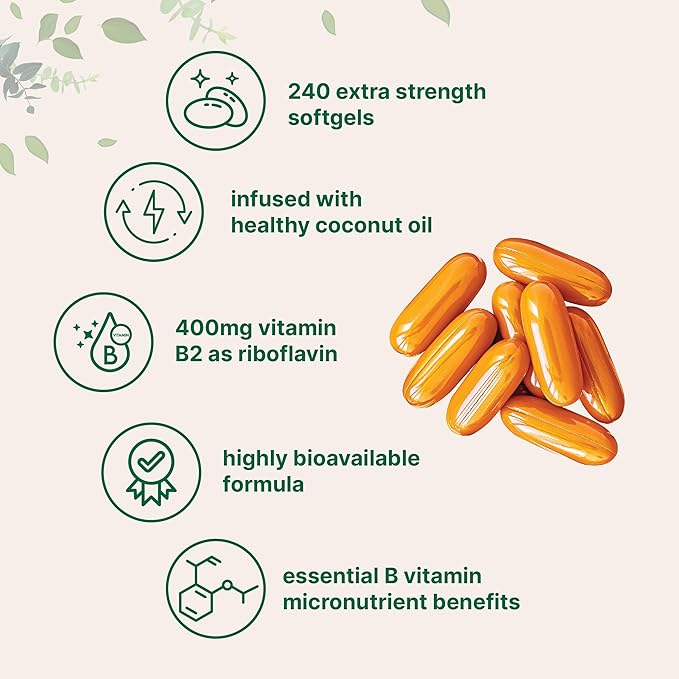 Vitamin B2 Riboflavin 400mg | 240 Softgels with Coconut Oil | Highly Bioavailable | Extra Strength Vitamin B Energy Supplements | Essential B Vitamins for Women &amp Men | Non-GMO Gluten Free