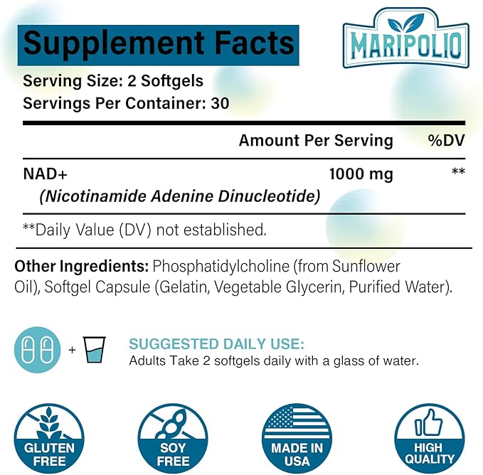 Liposomal NAD+ 1000 mg Supplement | High Bioavailability Liposomal Delivery | Cellular Energy &amp Wellness Support | Pure NAD+ Dietary Supplement for MenWomen 120 Softgels