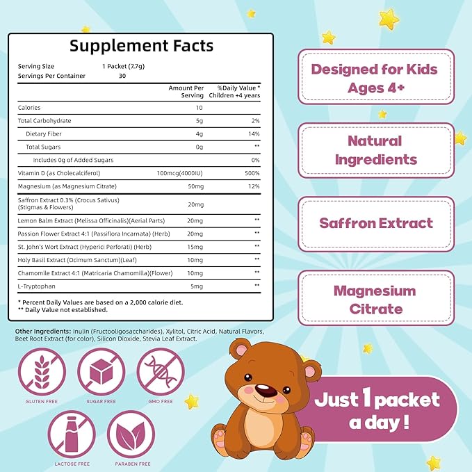 Saffron for Kids – Natural Mood Magic Pixie Stick Powder with Saffron Extract Magnesium Citrate L-Tryptophan &amp Vitamin D3 | Sugar-Free Fruity Drink Mix | 30 Sticks | Ages 4+