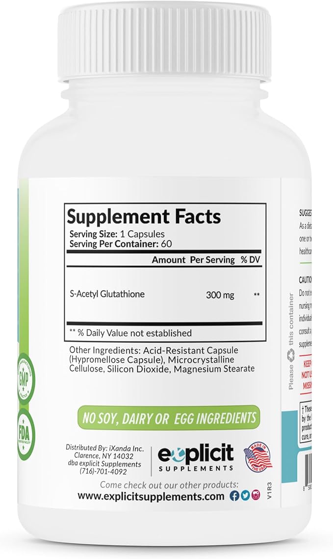 eXplicit Supplements S-Acetyl Glutathione SAG 300mg Per Dose Acid-Resistant Caps Made in The USA - 60 Capsules
