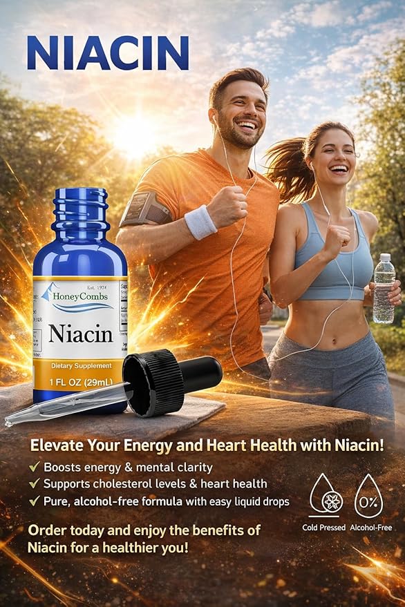 HoneyCombs Vitamin B3 Liquid Niacin 500% DV Niacinamide B3 Supplement Sublingual B-Complex Vitamin - Made in USA - Non Flushing Niacin Vitamin B3 Niacinamide Liquid Can be Used as a Niacinamide Serum