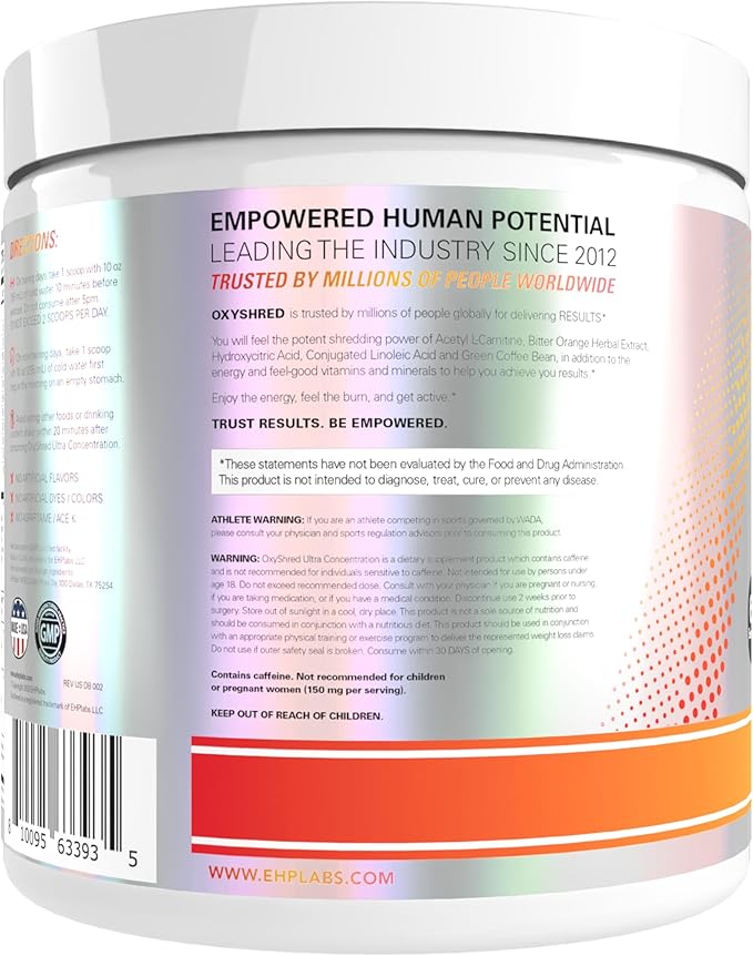 EHP Labs OxyShred Pre Workout Powder - Preworkout Powder with L Glutamine &amp Acetyl L Carnitine Energy Boost Drink - Peach Mango 60 Servings