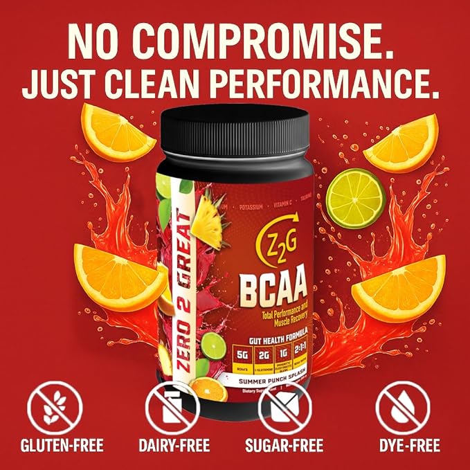Z2G BCAA Powder – Summer Punch Splash | Gut Health + Total Performance &amp Muscle Recovery with 5g BCAAs 2g L-Glutamine 1g Immunity Electrolytes | Easy to Mix | Sugar-Free Gluten-Free Dairy-Free