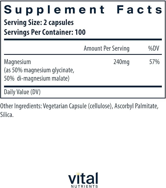 Vital Nutrients Magnesium Glycinate + Malate - 120mg Vegan Magnesium Supplement for Women and Men - Muscle Heart Bone Support* - Promotes Relaxation - Gluten Dairy and Soy Free - 200 Capsules