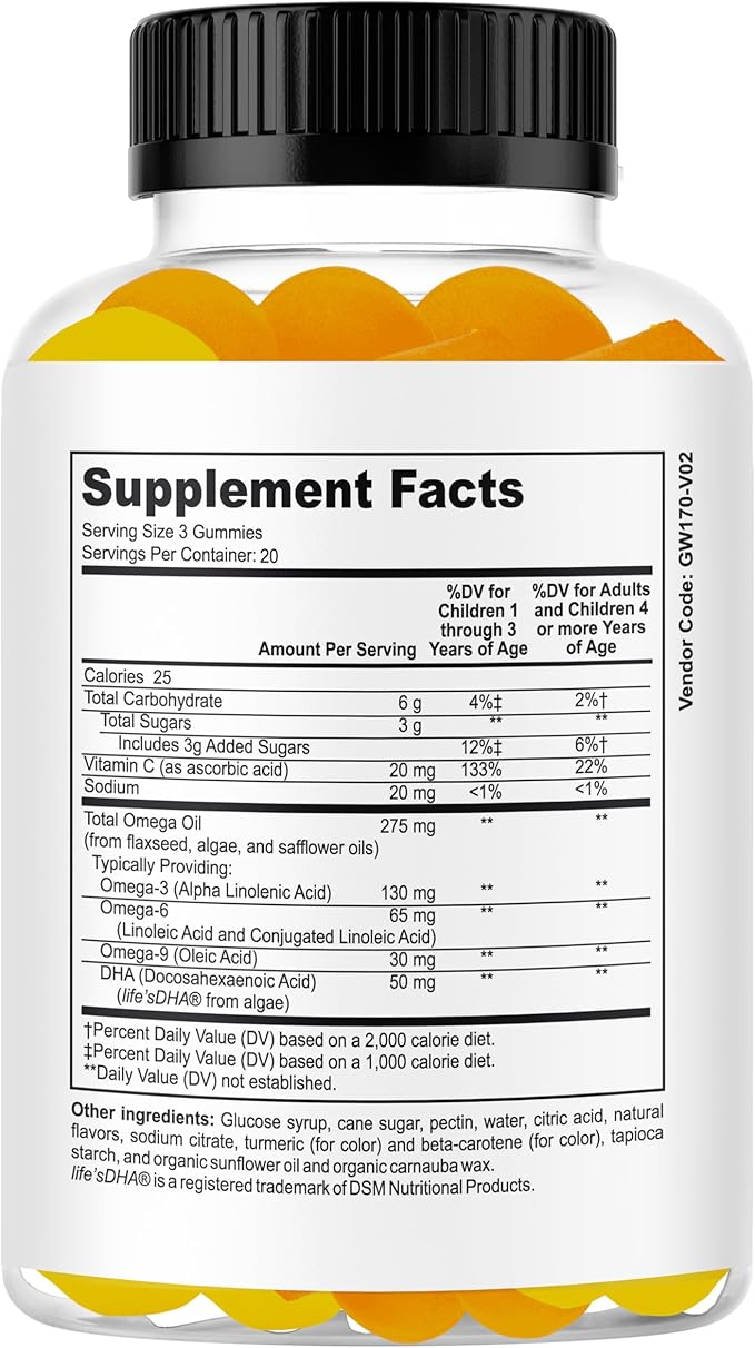 Smart Kids Focus Gummies with Omega 3 6 9 DHA Brain Support Teen Vitamin Kids Focus and Attention Supplements Vegetarian Memory Supplement for Brain Orange Flavor 60 Gummies