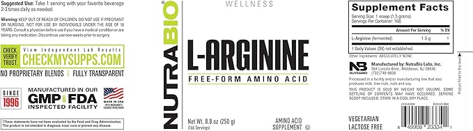 NutraBio L-Arginine Supplement 750mg – Nitric Oxide Precursor Supports Blood Flow Vascular Health and Muscle Growth 250g