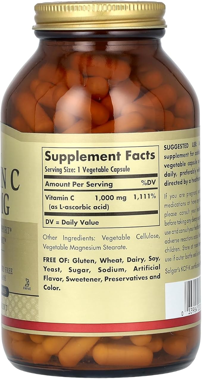 Solgar Vitamin C 1000 mg 250 Vegetable Capsules - Antioxidant &amp Immune Support - Overall Health - Healthy Skin &amp Joints - Bioflavonoids Supplement - Non GMO Vegan Gluten No Kosher - 250 Se