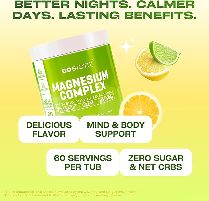 GoBiotix Magnesium Glycinate Powder – Cortisol Supplements for Women and Men – High Absorption Magnesium Complex Calm Supplement with Citrate Malate – Sugar Free – 420 mg 60 Servings - Lemon Lime