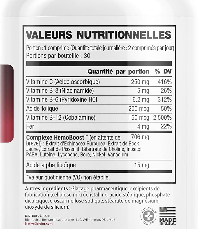 Natural Blood Builder Iron Supplement and Support for Healthy RBC &amp Oxygen Levels and Red Blood Cells Production for Women and Men - 60 Pills