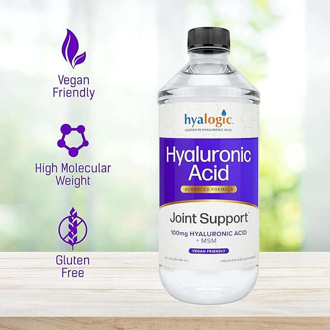 Hyalogic Hyaluronic Acid Liquid Supplement - 100mg High Molecular Weight Hyaluronic Acid for Joints MSM Advanced Joint Support Vegan Oral Hydration Formula 12 oz