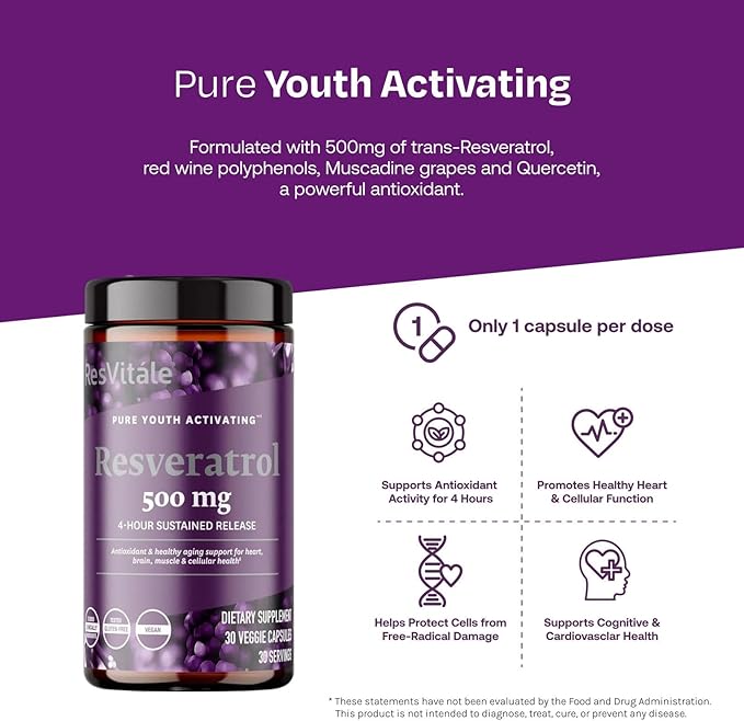 ResVitále Resveratrol 500 mg - Resveratrol Supplement for Men and Women - 30 Veggie Capsules