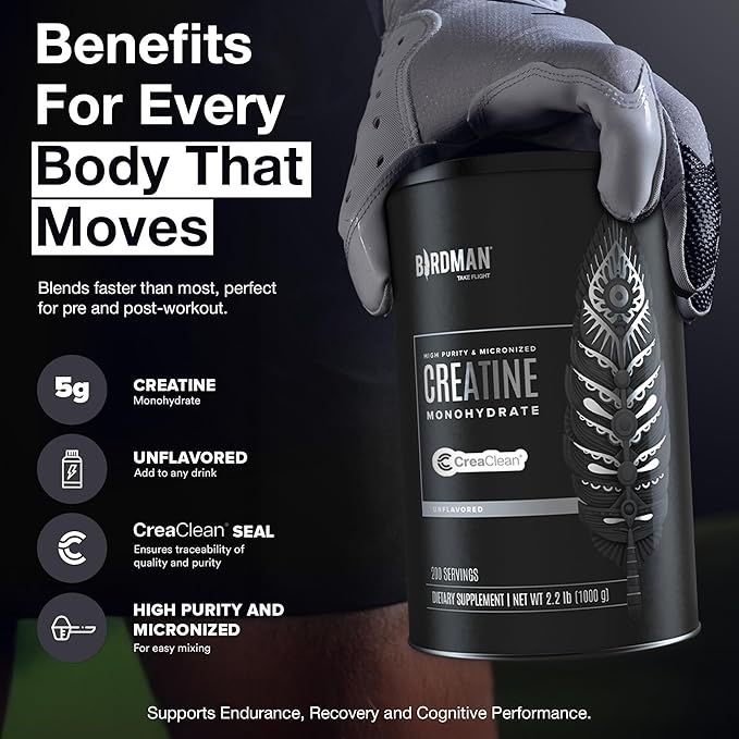 BIRDMAN Micronized Creatine Monohydrate Powder Muscle Recovery Caffeine Free Creatine Pre Workout Vegan Post Workout Gluten Free Sugar Free | 200 Servings (5 Grams Each) | 2.2lb.