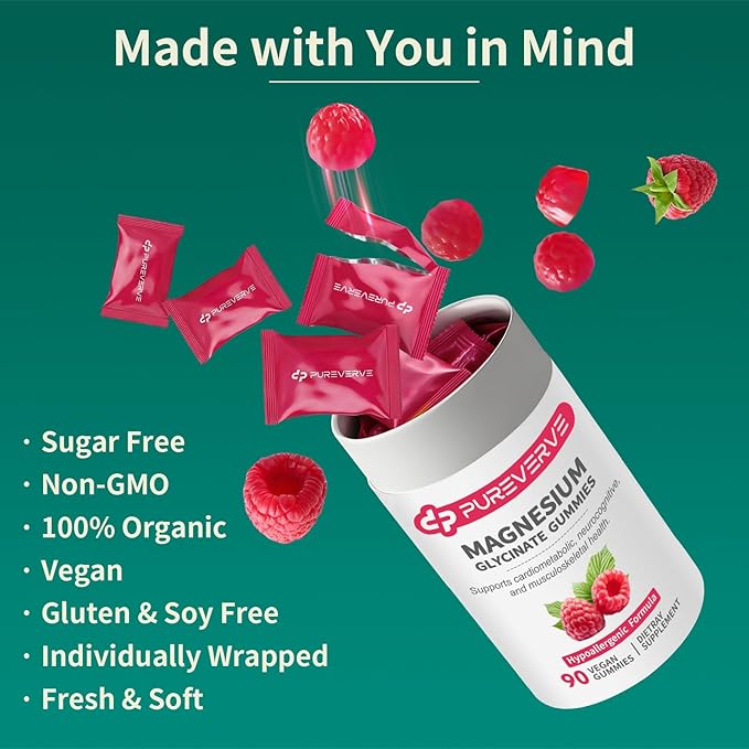 Magnesium Glycinate Gummies 300mg - 90 Count Individually Wrapped Low-Allergy Formula Supports Cardiovascular Health Cognitive Function &amp Muscle-Bone Strength Non-GMO Gluten &amp Soy Free