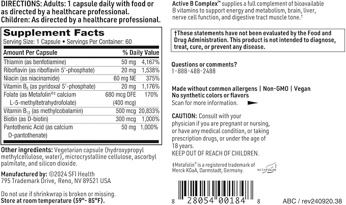 Klaire Labs SFI Health Active B Complex - Methylated Vitamin B Complex with Methyl Folate B12 B6 and More - Support Healthy Energy Brain Liver &amp Nerve Function (60 Capsules)