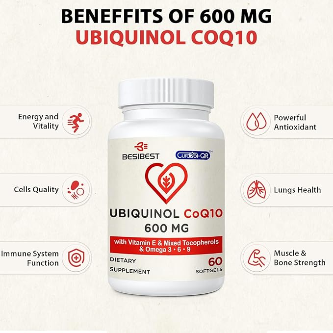 Ubiquinol CoQ10-600mg-Softgel Active Coq10 Ubiquinol Supplement with Vitamin E &amp Omega 3 6 9 High Absorption-Coenzyme-Q10 Powerful Antioxidant for Energy Production Tested 180 Count