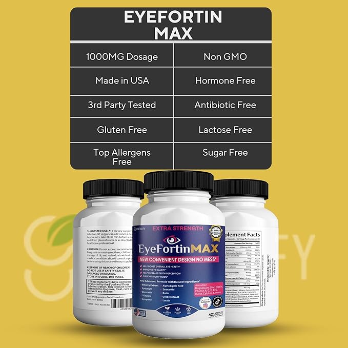 EyeFortin MAX Eye Health Supplement 60 Capsules Extra Strength with Lutein Vitamins A C E B12 Bilberry Extract 30 Day Supply (10)