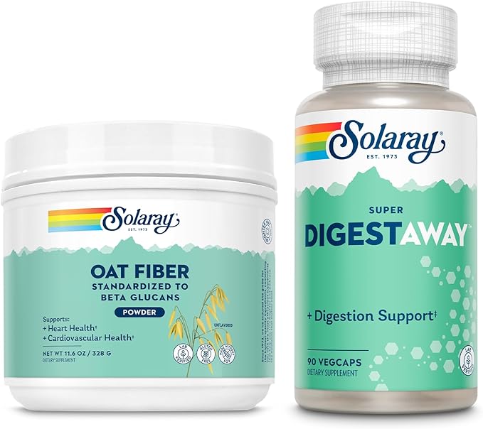 SOLARAY Oat Fiber Powder and Super Digestaway Digestive Enzymes - Soluble Fiber Supplement w/Beta Glucans for Heart Health Support - Digestion Formula w/Betaine HCl Ginger Papaya 30/90 Servings