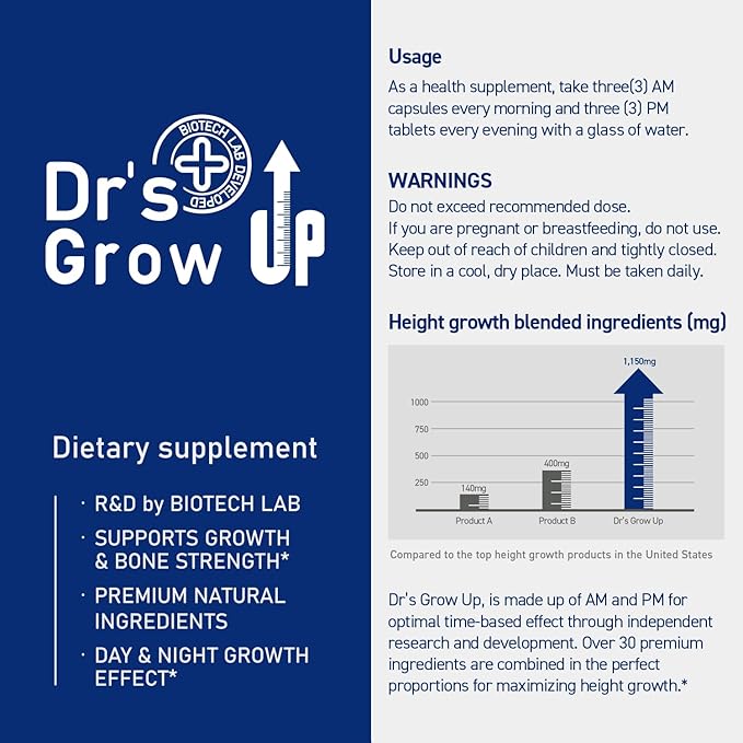 BONE SCIENCE Dr’s Grow UP AM &amp PM Bone and Growth for Kids and Teens Day and Night System Daily Formula with Highly Absorbable Essential Minerals Vitamin D3 and K2 (MK-7)