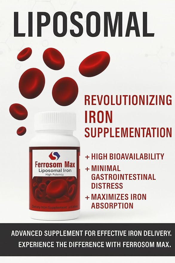 Max Liposomal Iron Supplement 60 Capsules (45mg Pure Elemental Iron) by Siba Pharm | Maximum Absorption Formula | Non GMO Vegan Premium Quality | Helps New Blood Cell Production.