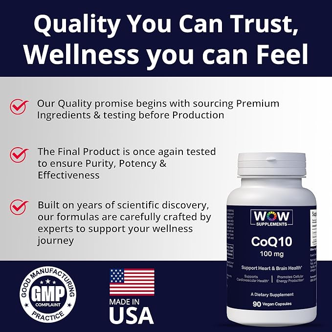 WOW Supplements CoQ10 100 mg with Hawthorn Berry - High Absorption CoQ10 100mg for Energy Production Heart and Cellular Health - Non-GMO Gluten-Free Coenzyme Q10 100mg Supplement - 90 Capsules