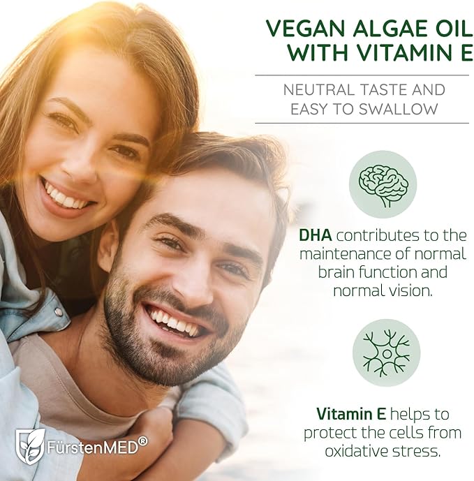 FürstenMED Algae Oil Vegan Omega 3 - Heart Brain &amp Joint Health Support - 2000mg Algae Oil of which 700mg DHA &amp 320mg EPA + 3 6mg Vitamin E per Daily Dose - Essential Fatty Acids