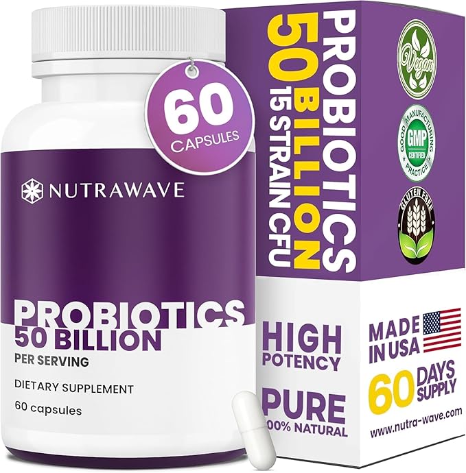 NEW Nutrawave 50 Billion Probiotics for Women &amp Men 15 Strains Active Culture. Relieves Bloating &amp Constipation Improved Digestion &amp Gut Health Supplement Vegan. 60 Powerful Small Capsu