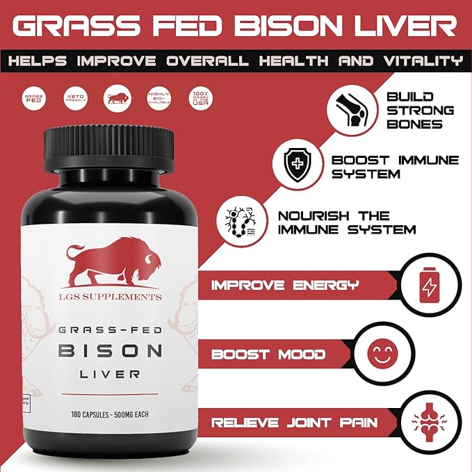 Grass Fed Bison Liver Capsules Supports Energy Production Detoxification Digestion Immunity Natural Iron Non-GMO Freeze Dried Liver Health Supplement 3000mg