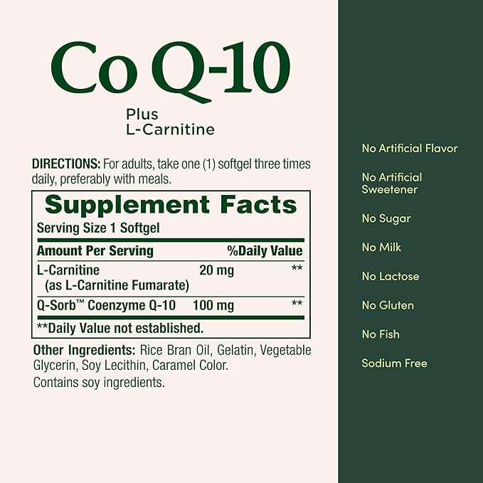 Nature's Bounty CoQ10 Dietary Supplement Supports Heart Health 100mg Plus L-Carnitine Twin Pack 120 Softgels
