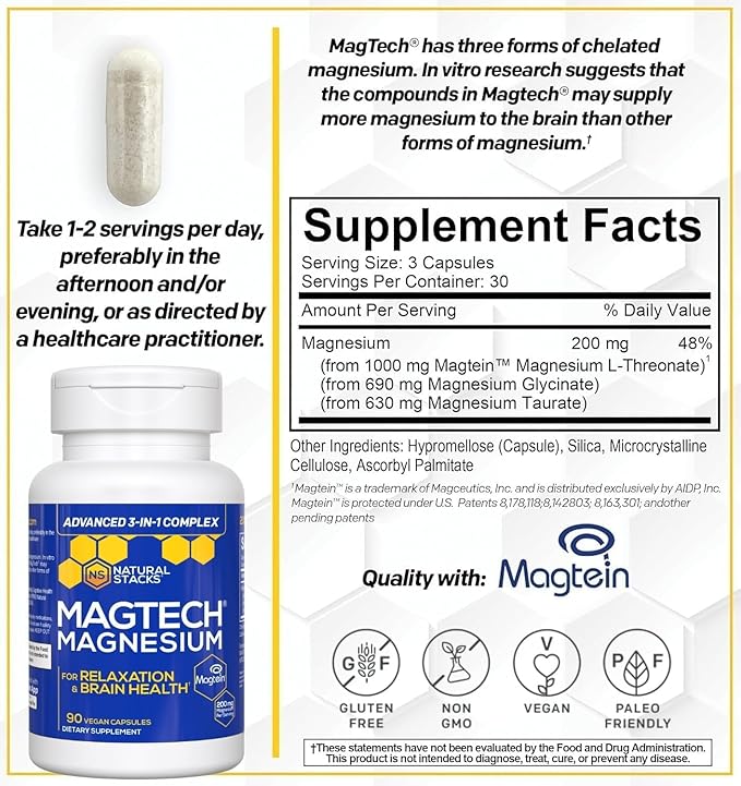MagTech Magnesium Complex for Women &amp Men - 3 Forms of Magnesium: Glycinate Magtein L-Threonate &amp Taurate - 200mg Chelated Complex - Support for Relaxation &amp Brain Health - 90 Glycinate C